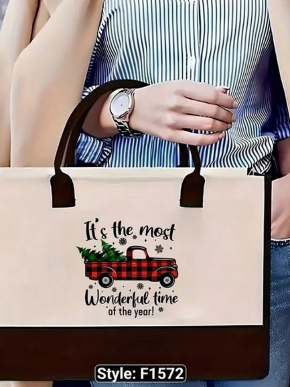 Christmas Red Truck Canvas Tote Bag Style F1572 Christmas Plaid Canvas Tote Bag